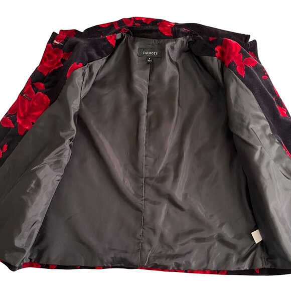 Talbots Black Red Floral Velvet Jacket Size 8 Roses Hidden Buttons Holid… - Picture 7 of 15